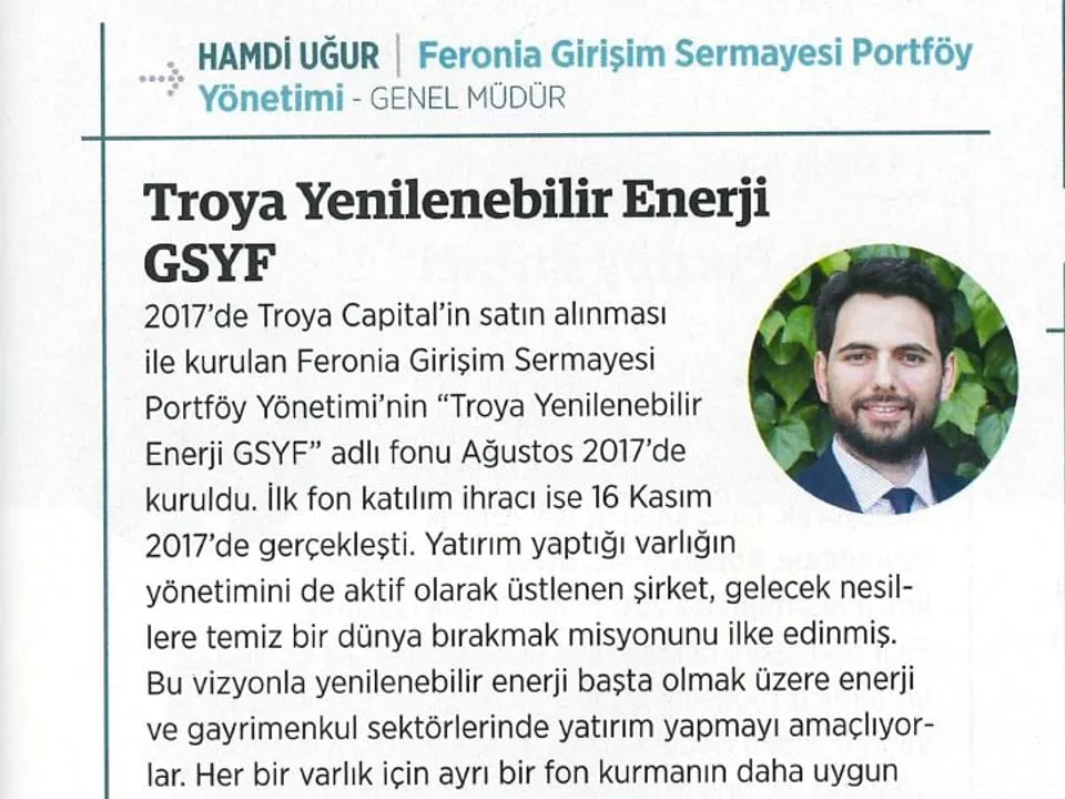 Forbes dergisindeki sayfadan kesit; Troya Yenilenebilir Enerji GSYF başlığı ve Hamdi Uğur’un yuvarlak portresi