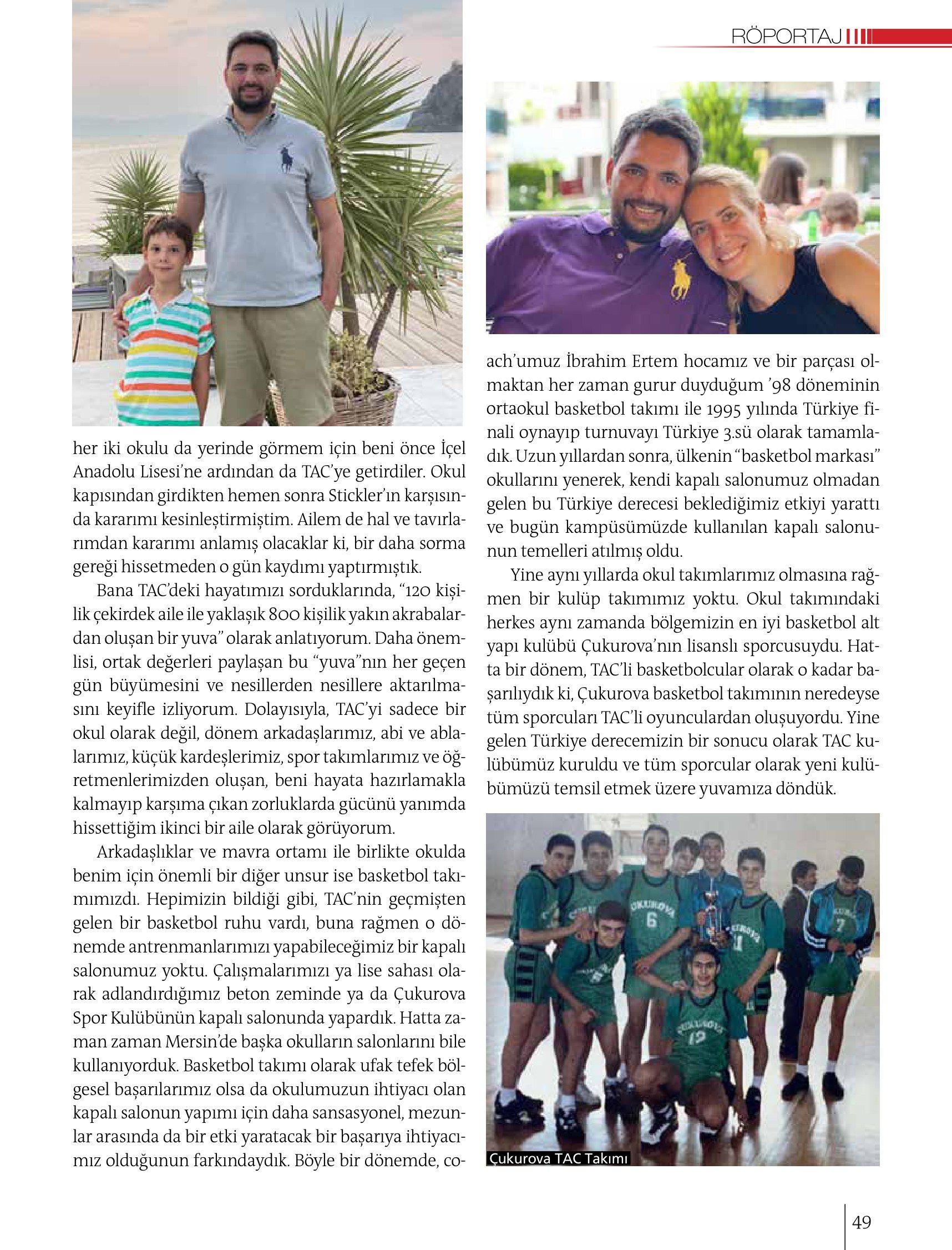 Sayfa 49: TAC yılları ve basketbol üzerine metin; aile fotoğrafları ve Çukurova TAC takımı fotoğrafı