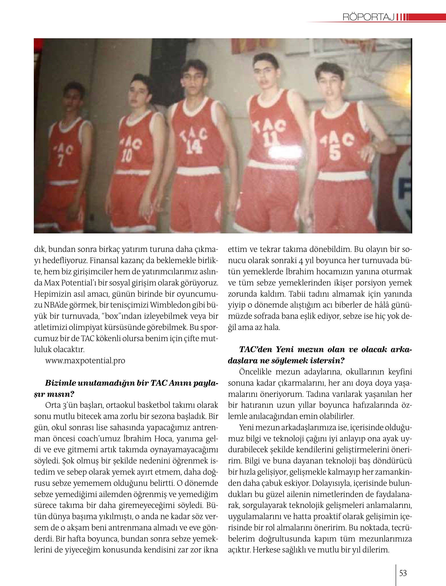 Sayfa 53: TAC basketbol takımı fotoğrafı; TAC anıları ve yeni mezunlara öneriler